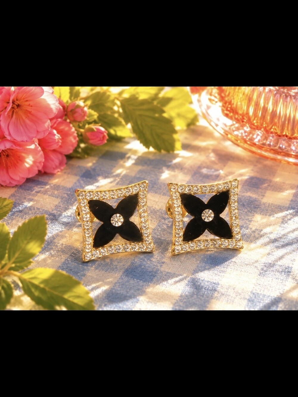Gold-Tone Black Crystal Square Stud Earrings Ome Crystal Is Missing Price Reflct